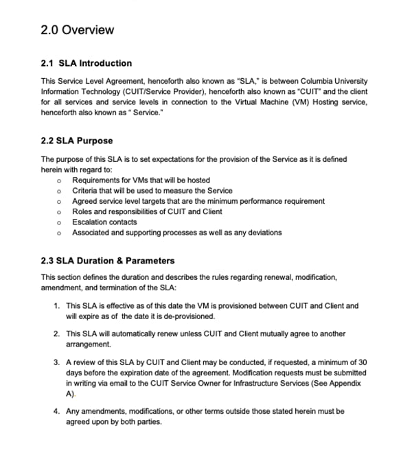 SLA template from Columbia University