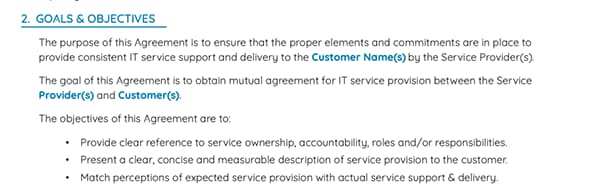 This is an example of goals and targets of SLA