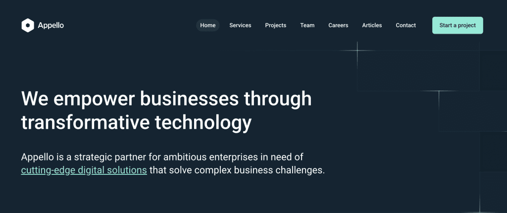 Appello company website homepage with a sleek dark blue design, showcasing the text "We empower businesses through transformative technology."
