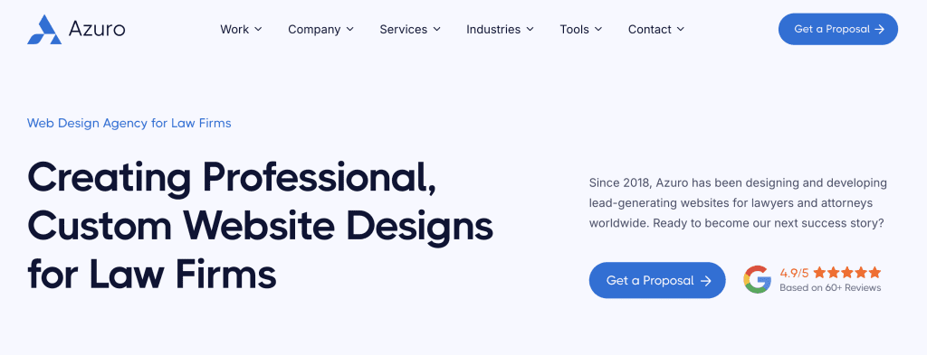 Homepage banner for Azuro Digital web design agency, highlighting "Creating Professional, Custom Website Designs for Law Firms" with a 4.9-star Google rating.
