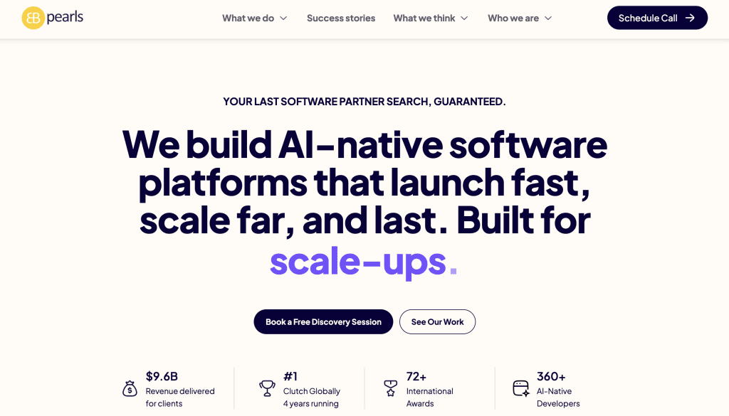 EB Pearls website homepage featuring the bold text "We build AI–native software platforms that launch fast, scale far, and last. Built for scale-ups."