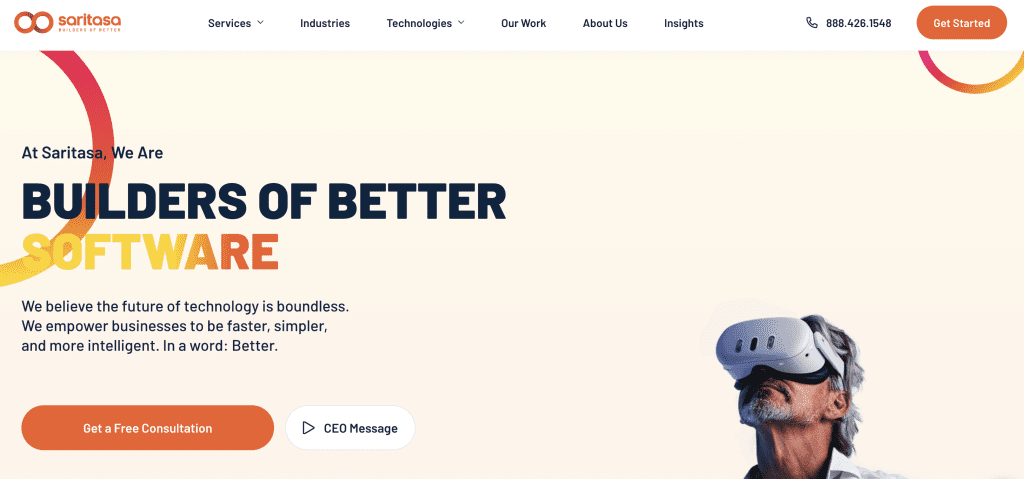 Website homepage of Saritasa, featuring the headline "Builders of Better Software" next to a man wearing a virtual reality headset.