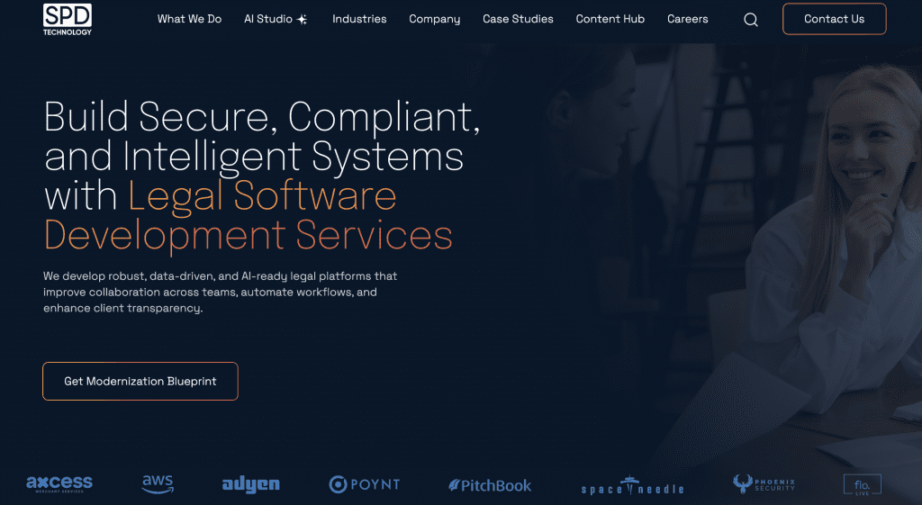 SPD Technology website banner displaying the text "Build Secure, Compliant, and Intelligent Systems with Legal Software Development Services."