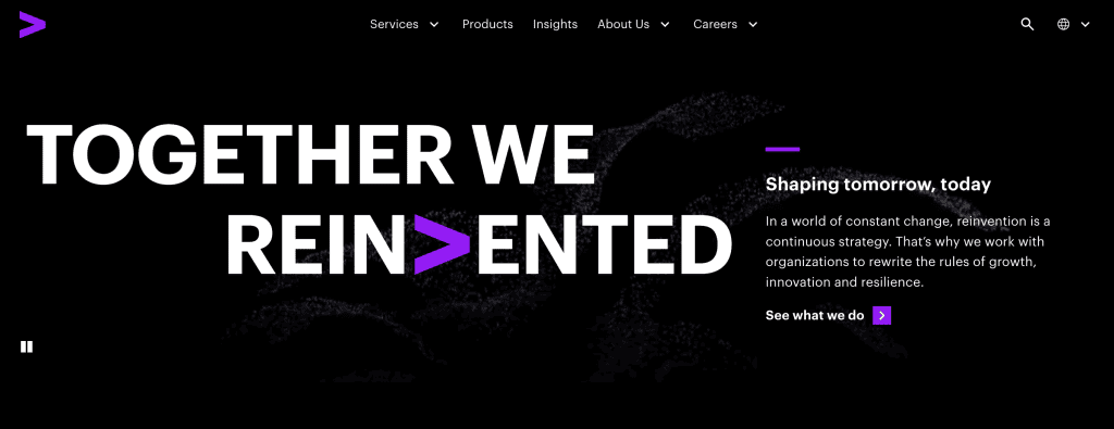 Accenture’s homepage, the global integrator that provides AI consulting and multi-year implementations for large enterprise programs.