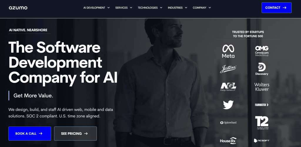 Azumo homepage featuring a professional standing in front of a window, titled "The Software Development Company for AI," alongside corporate client logos.