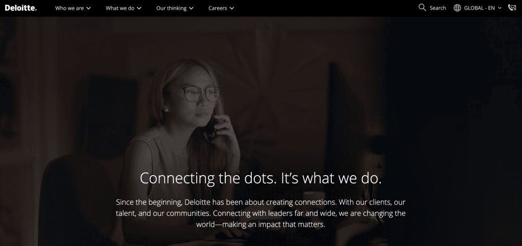 Deloitte’s homepage, the global advisory network that provides AI consulting with a focus on risk, audit, and governance functions.