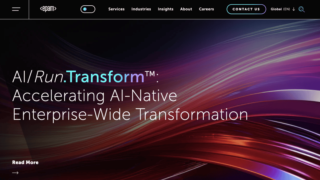 EPAM’s homepage, the engineering-led integrator that provides AI consulting and large-scale software engineering programs.