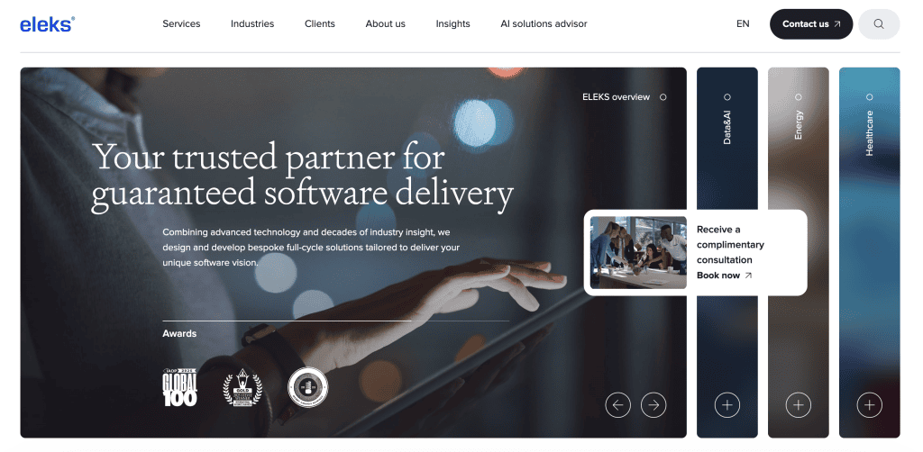 Official landing banner for ELEKS presenting full-cycle software delivery services across data, AI, healthcare, and energy sectors.