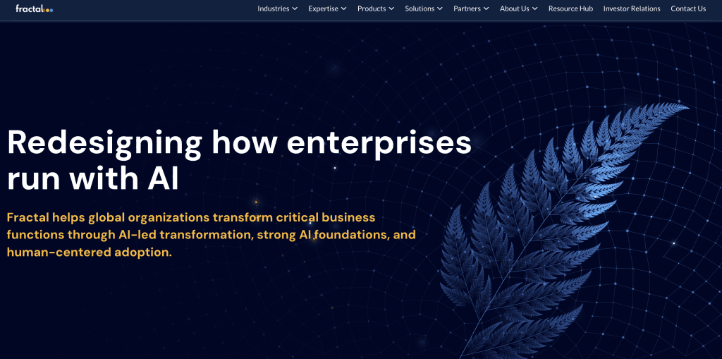 Fractal’s homepage, the company that provides AI consulting and focuses on AI-led business transformation alongside decision analytics.