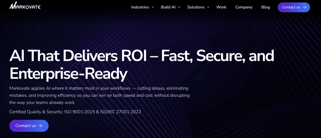 Markovate website landing page displaying the headline "AI That Delivers ROI – Fast, Secure, and Enterprise-Ready" on a dark glowing ambient background.