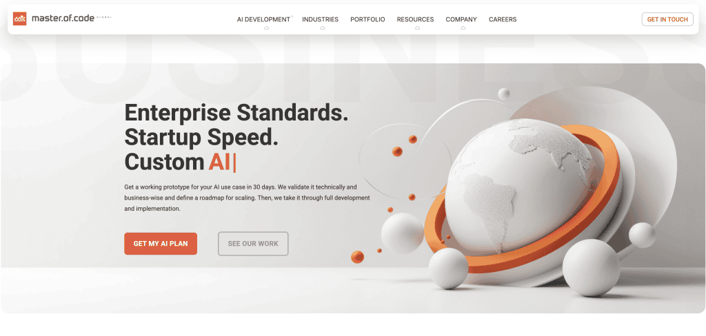 Master of Code Global homepage showing abstract 3D orange and white geometric spheres surrounding a globe, with headline "Enterprise Standards. Startup Speed. Custom AI".