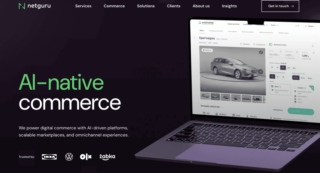 Homepage banner for Netguru introducing their AI-native digital commerce, platform engineering, and marketplace development services.