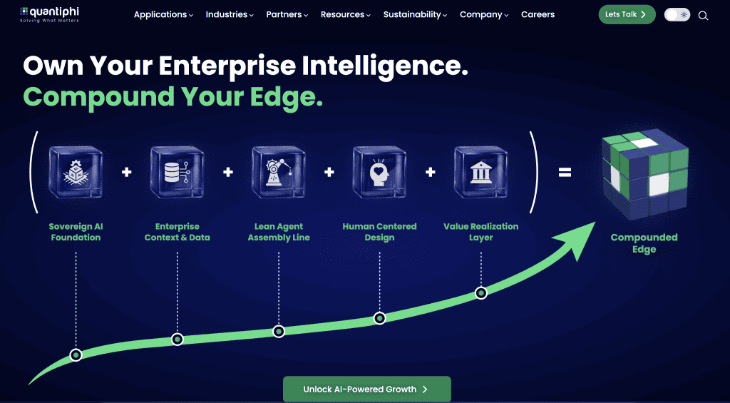 Quantiphi’s homepage, the AI-first services firm that provides AI consulting for document-heavy processes and enterprise intelligence.