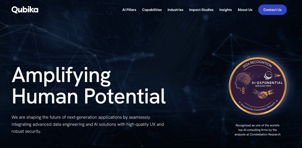 Qubika website header showing "Amplifying Human Potential" over a dark blue network constellation graphic, along with a 2026 Constellation Research award badge.