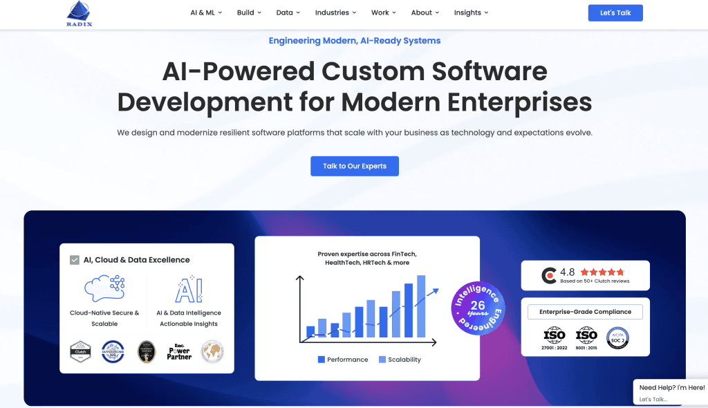 Landing page header for Radixweb showcasing AI-powered custom software development, cloud scalability, and enterprise compliance.