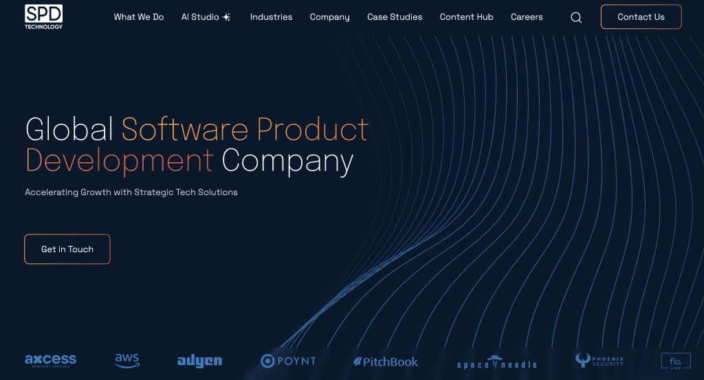 SPD Technology website banner displaying the headline "Global Software Product Development Company" over a dark blue background with dynamic curved geometric grid lines.