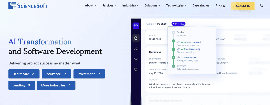 ScienceSoft’s homepage, the mid-market IT provider that offers AI consulting and custom software development for regulated workflows.