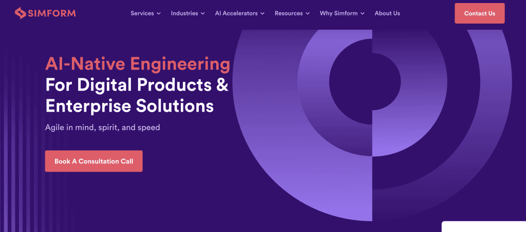 Homepage feature for Simform introducing their AI-native engineering capabilities for digital products and enterprise solutions.