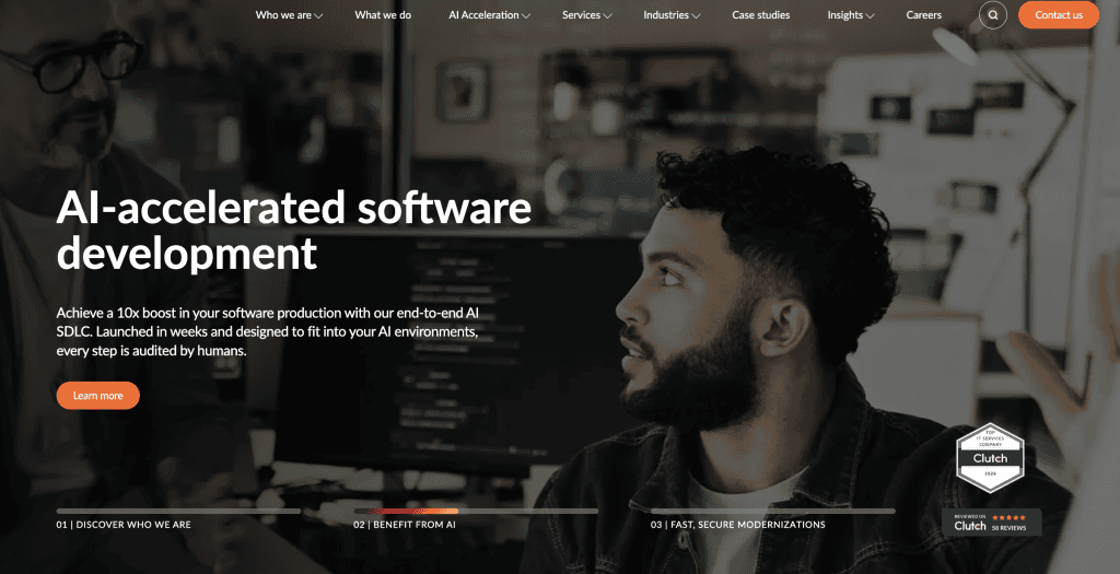 Software Mind website homepage featuring developers working in an office with the hero text "AI-accelerated software development" and Clutch badge rating overlay.