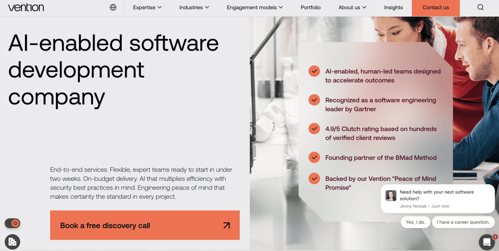 Homepage intro for Vention, highlighting their flexible, AI-enabled, human-led software engineering teams and Clutch accolades.